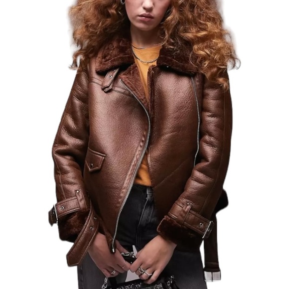 NWT Topshop Faux Leather Shearling Aviator Biker Jacket in Chocolate Brown 6 - Picture 1 of 10